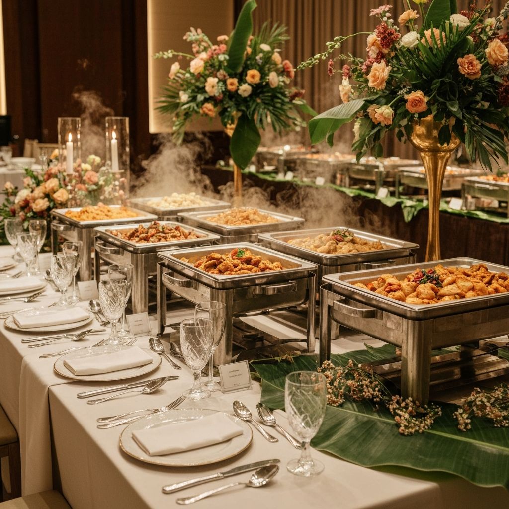 Elegant wedding buffet setup with chafing dishes